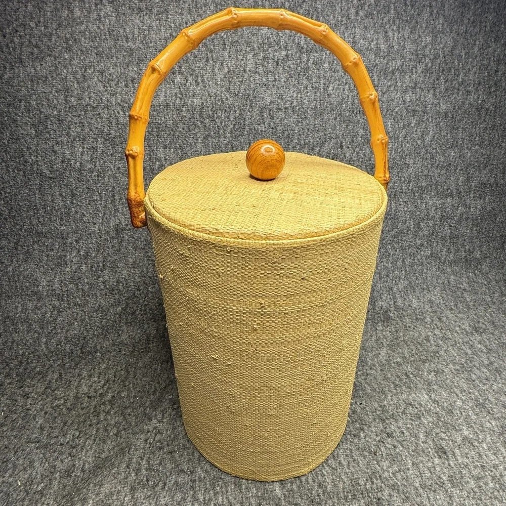 Vintage‎ Wicker Ice Bucket Faux Bamboo Handle Mid Century Barware 15